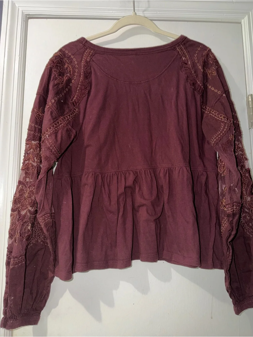Free People Burgundy Embroidered Peplum Top